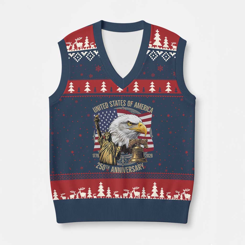 USA 250th Anniversary 1776 2026 4th of July V-Neck Knit Sweater Vest Patriotic Eagle Liberty Bell Statue of Liberty Graphic TS02 Navy Red Print Your Wear