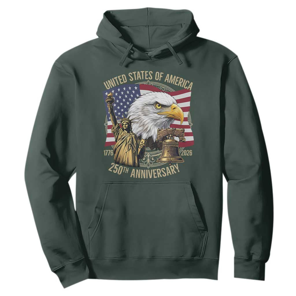 USA 250th Anniversary 1776 2026 4th of July Hoodie Patriotic Eagle Liberty Bell Statue of Liberty Graphic TS02 Dark Forest Green Print Your Wear