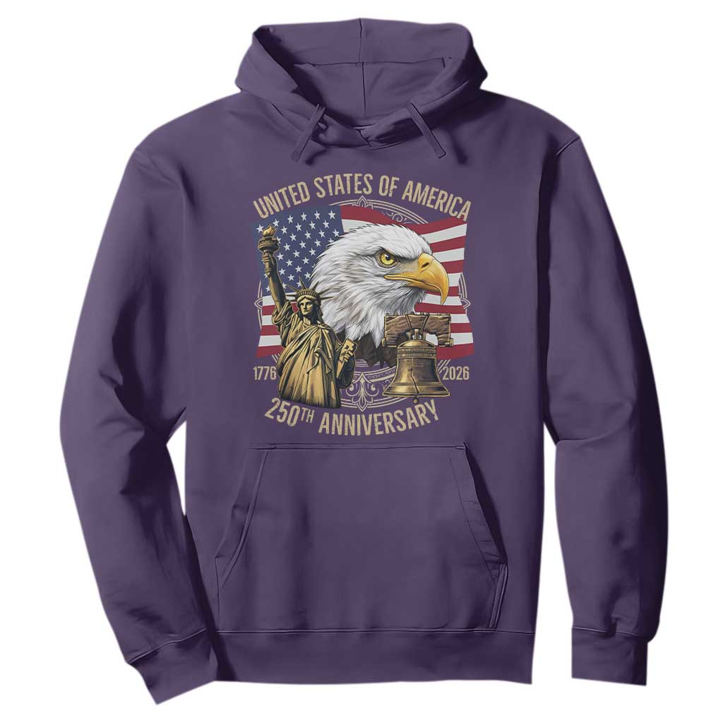USA 250th Anniversary 1776 2026 4th of July Hoodie Patriotic Eagle Liberty Bell Statue of Liberty Graphic TS02 Purple Print Your Wear