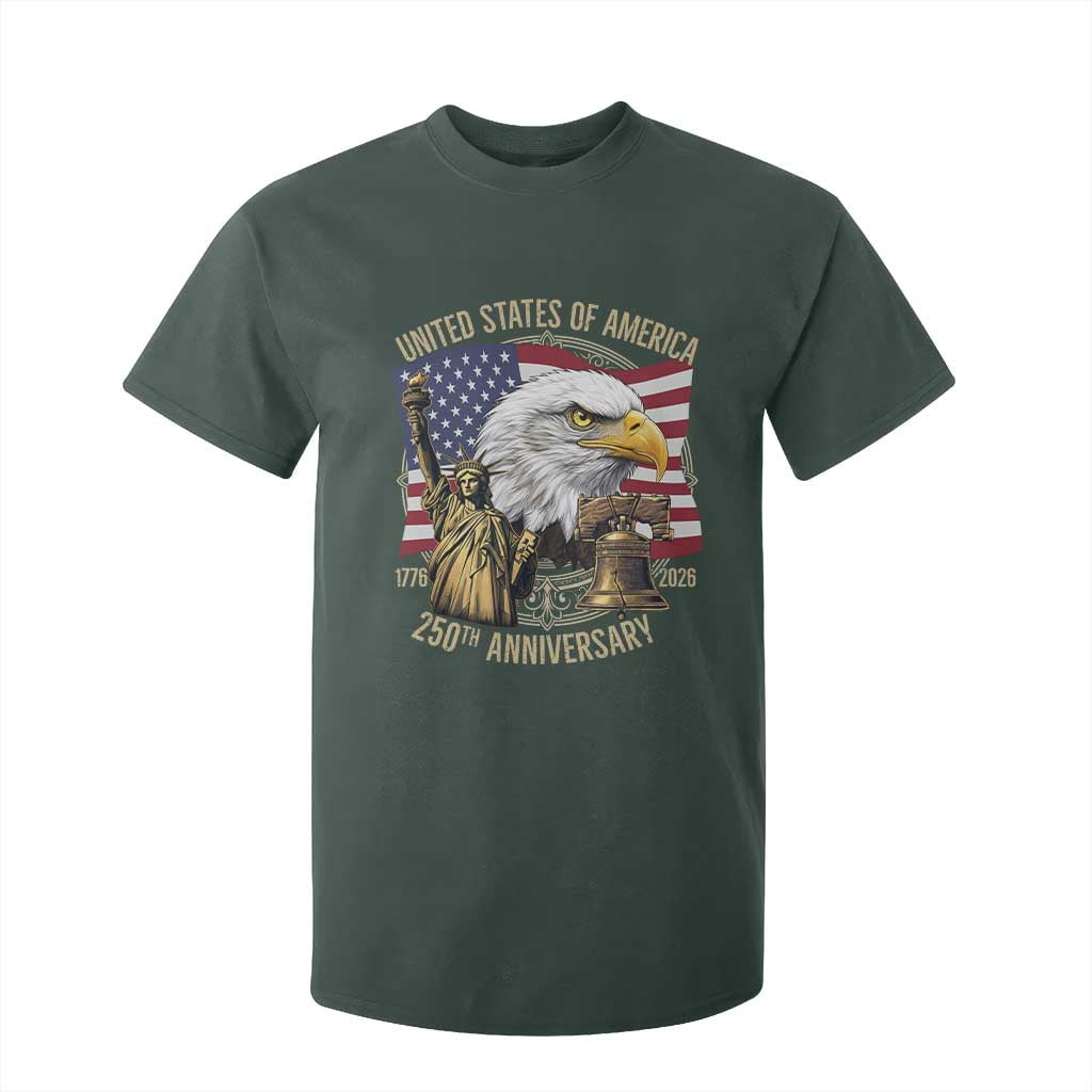 USA 250th Anniversary 1776 2026 4th of July T Shirt For Kid Patriotic Eagle Liberty Bell Statue of Liberty Graphic TS02 Dark Forest Green Print Your Wear