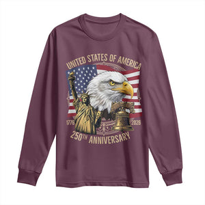 USA 250th Anniversary 1776 2026 4th of July Long Sleeve Shirt Patriotic Eagle Liberty Bell Statue of Liberty Graphic TS02 Maroon Print Your Wear