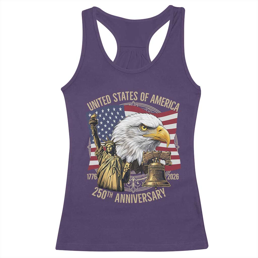 USA 250th Anniversary 1776 2026 4th of July Racerback Tank Top Patriotic Eagle Liberty Bell Statue of Liberty Graphic TS02 Purple Print Your Wear