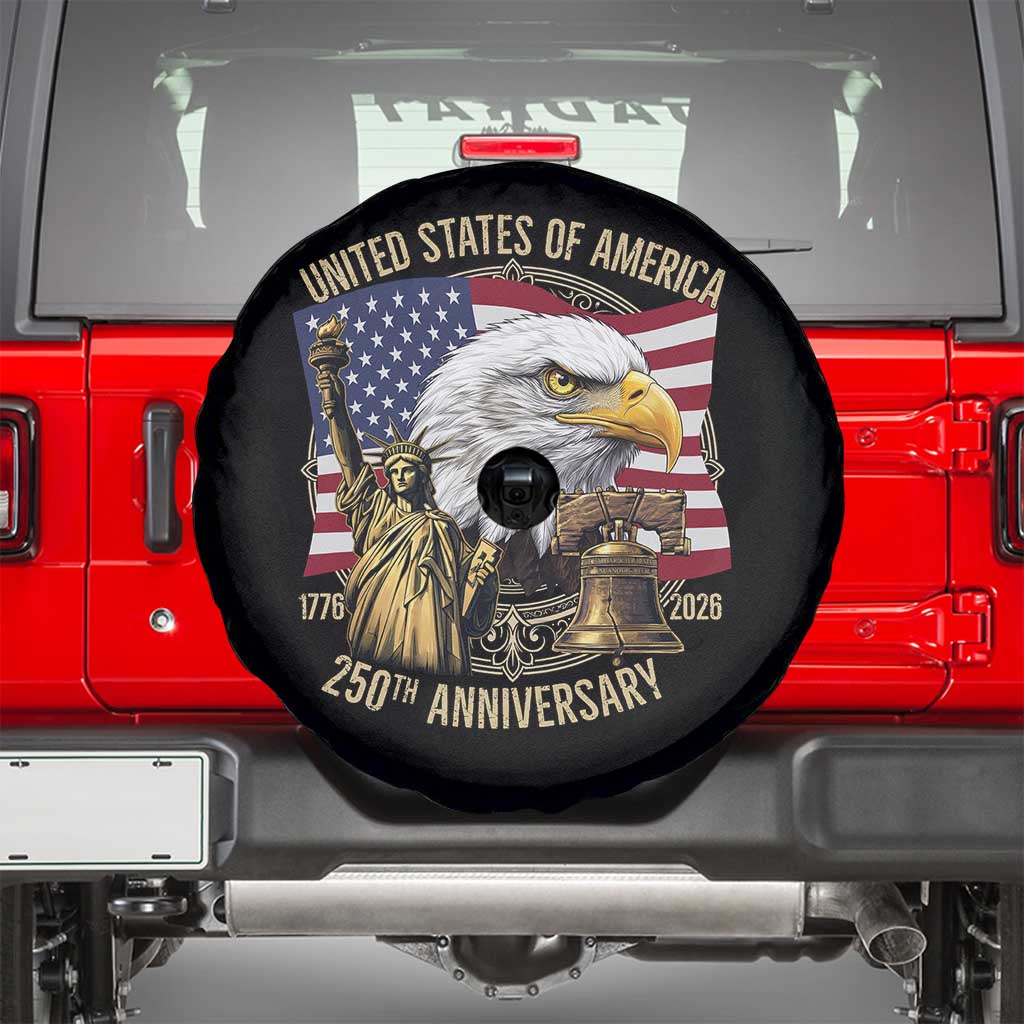 USA 250th Anniversary 1776 2026 4th of July Spare Tire Cover Patriotic Eagle Liberty Bell Statue of Liberty Graphic TS02 Black Print Your Wear