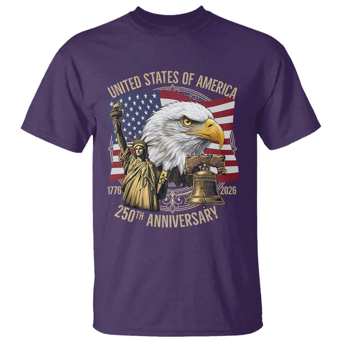 USA 250th Anniversary 1776 2026 4th of July T Shirt Patriotic Eagle Liberty Bell Statue of Liberty Graphic TS02 Purple Print Your Wear