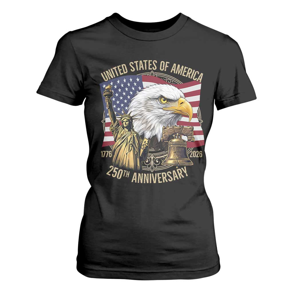 USA 250th Anniversary 1776 2026 4th of July T Shirt For Women Patriotic Eagle Liberty Bell Statue of Liberty Graphic TS02 Black Print Your Wear