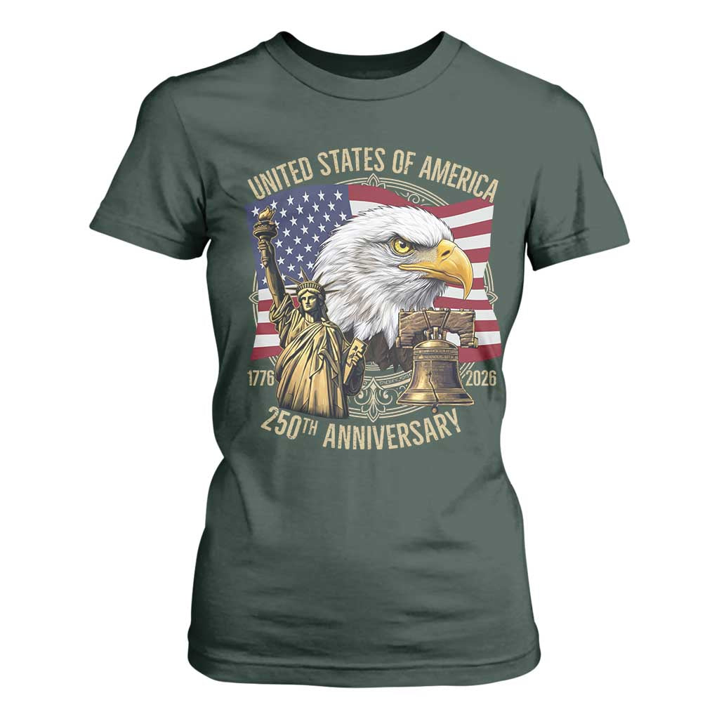 USA 250th Anniversary 1776 2026 4th of July T Shirt For Women Patriotic Eagle Liberty Bell Statue of Liberty Graphic TS02 Dark Forest Green Print Your Wear