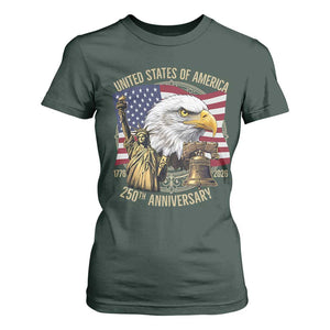 USA 250th Anniversary 1776 2026 4th of July T Shirt For Women Patriotic Eagle Liberty Bell Statue of Liberty Graphic TS02 Dark Forest Green Print Your Wear