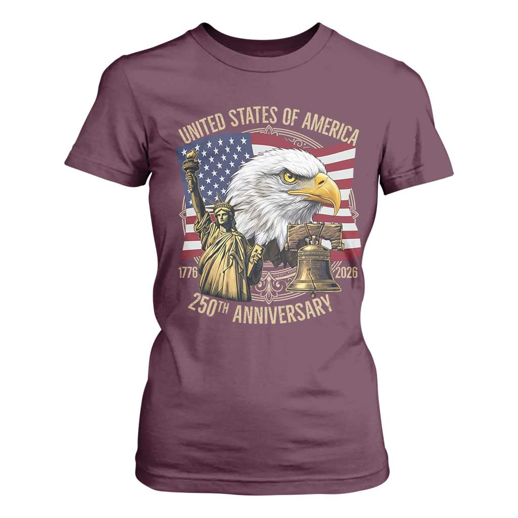 USA 250th Anniversary 1776 2026 4th of July T Shirt For Women Patriotic Eagle Liberty Bell Statue of Liberty Graphic TS02 Maroon Print Your Wear
