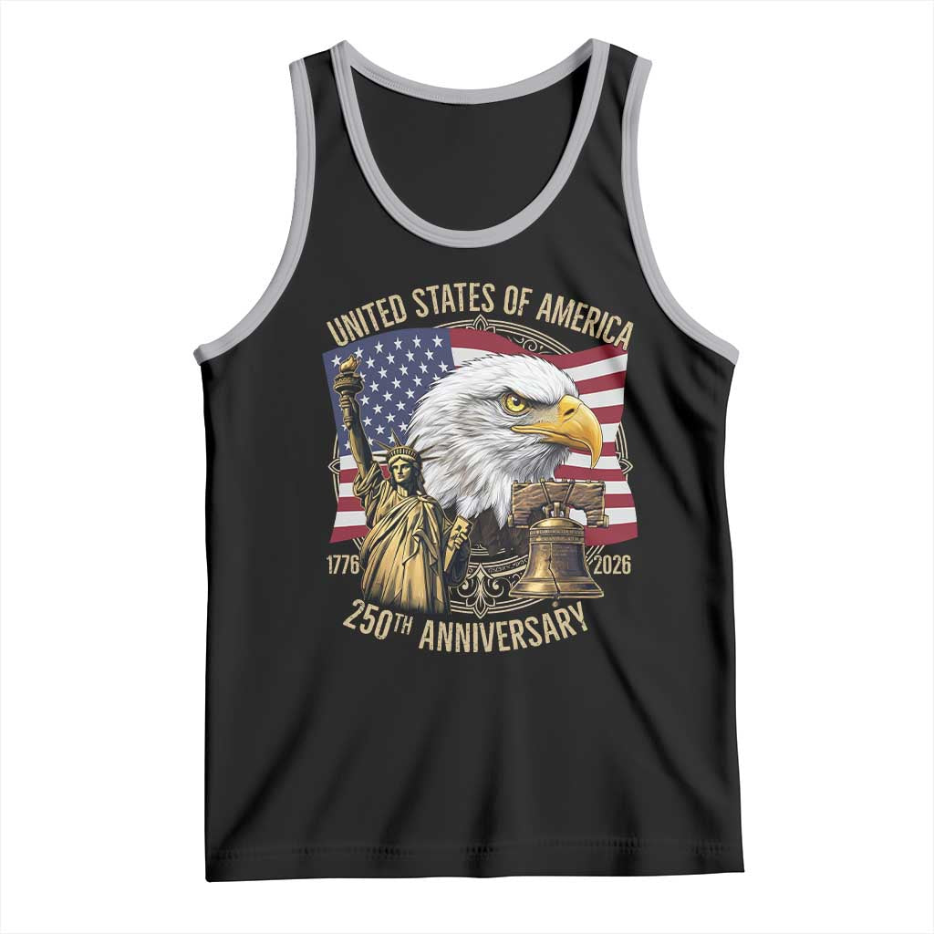 USA 250th Anniversary 1776 2026 4th of July Tank Top Patriotic Eagle Liberty Bell Statue of Liberty Graphic TS02 Black Athletic Heather Print Your Wear