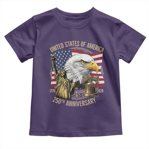 USA 250th Anniversary 1776 2026 4th of July Toddler T Shirt Patriotic Eagle Liberty Bell Statue of Liberty Graphic TS02 Purple Print Your Wear
