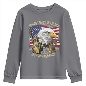 USA 250th Anniversary 1776 2026 4th of July Youth Sweatshirt Patriotic Eagle Liberty Bell Statue of Liberty Graphic TS02 Charcoal Print Your Wear