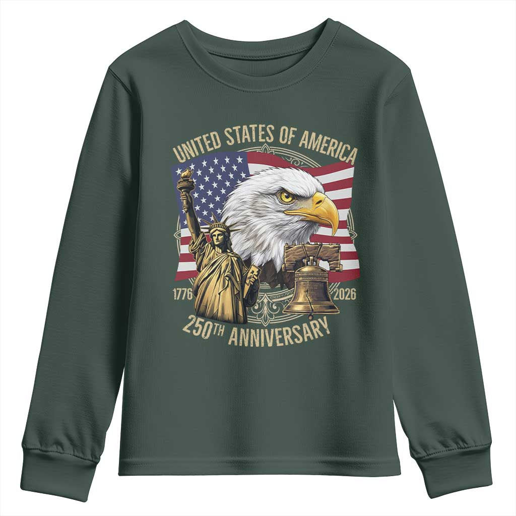 USA 250th Anniversary 1776 2026 4th of July Youth Sweatshirt Patriotic Eagle Liberty Bell Statue of Liberty Graphic TS02 Dark Forest Green Print Your Wear