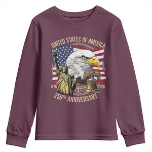 USA 250th Anniversary 1776 2026 4th of July Youth Sweatshirt Patriotic Eagle Liberty Bell Statue of Liberty Graphic TS02 Maroon Print Your Wear