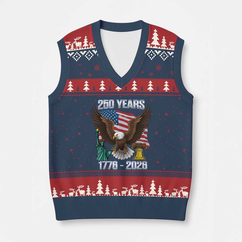 250 Years of Freedom 1776 2026 Patriotic Eagle V-Neck Knit Sweater Vest 4th of July American Flag Liberty Bell Statue of Liberty TS02 Navy Red Print Your Wear