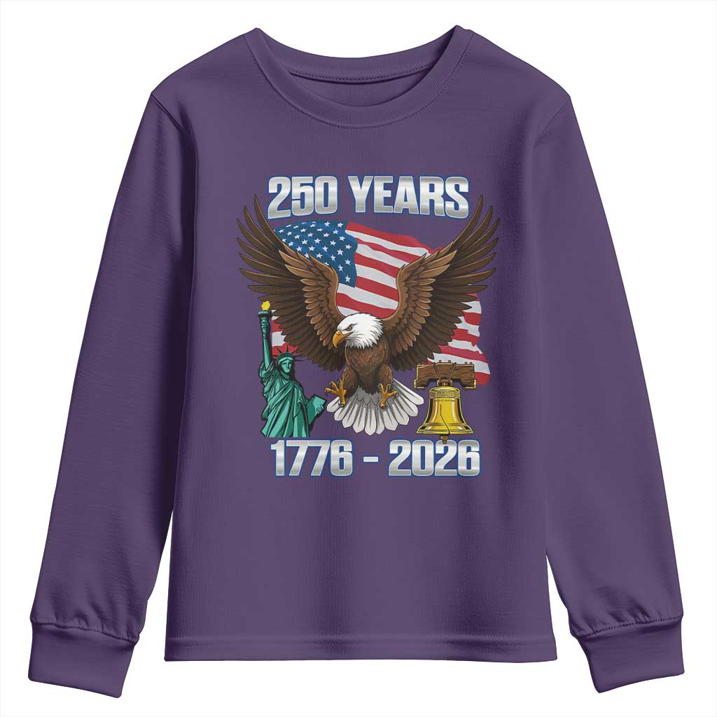 250 Years of Freedom 1776 2026 Patriotic Eagle Youth Sweatshirt 4th of July American Flag Liberty Bell Statue of Liberty TS02 Purple Print Your Wear