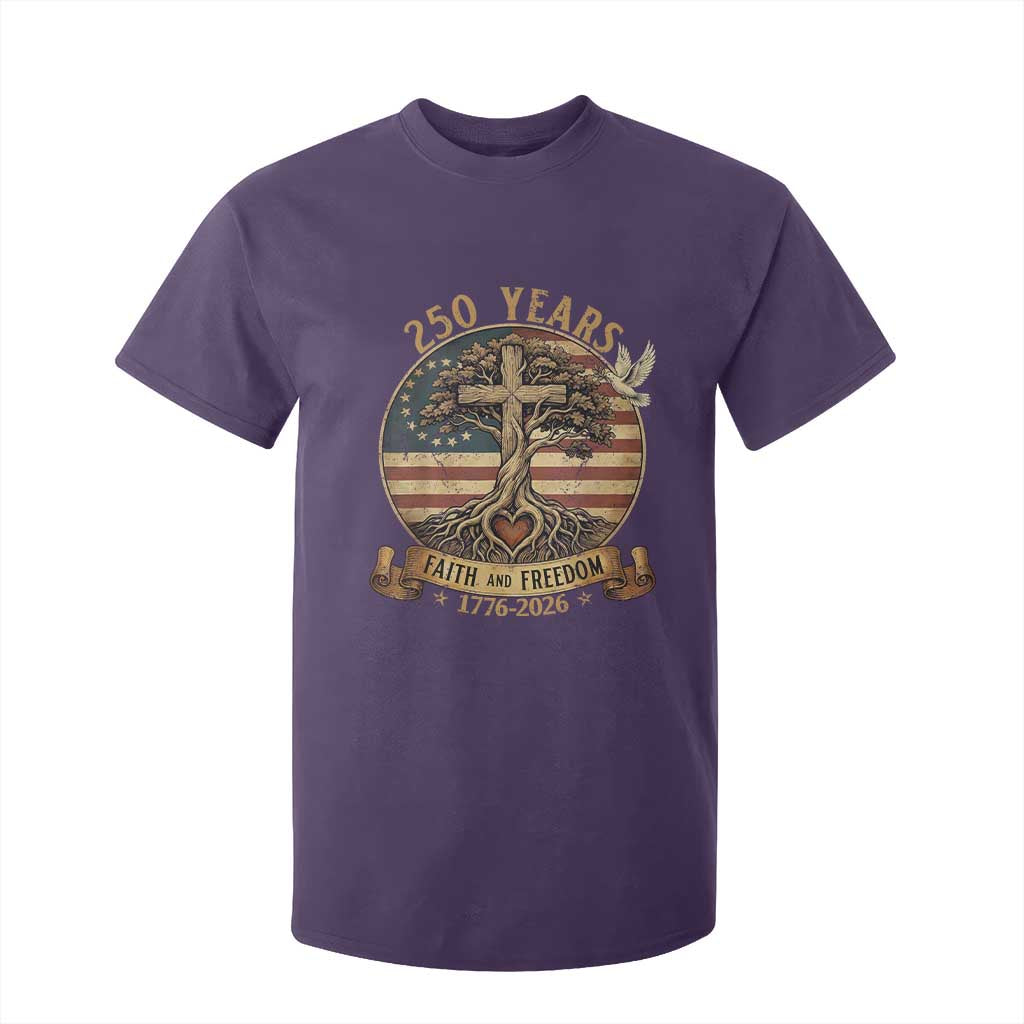 250 Years Faith and Freedom 1776 2026 T Shirt For Kid Cross Tree Dove Religious Patriotic Christian TS02 Purple Print Your Wear
