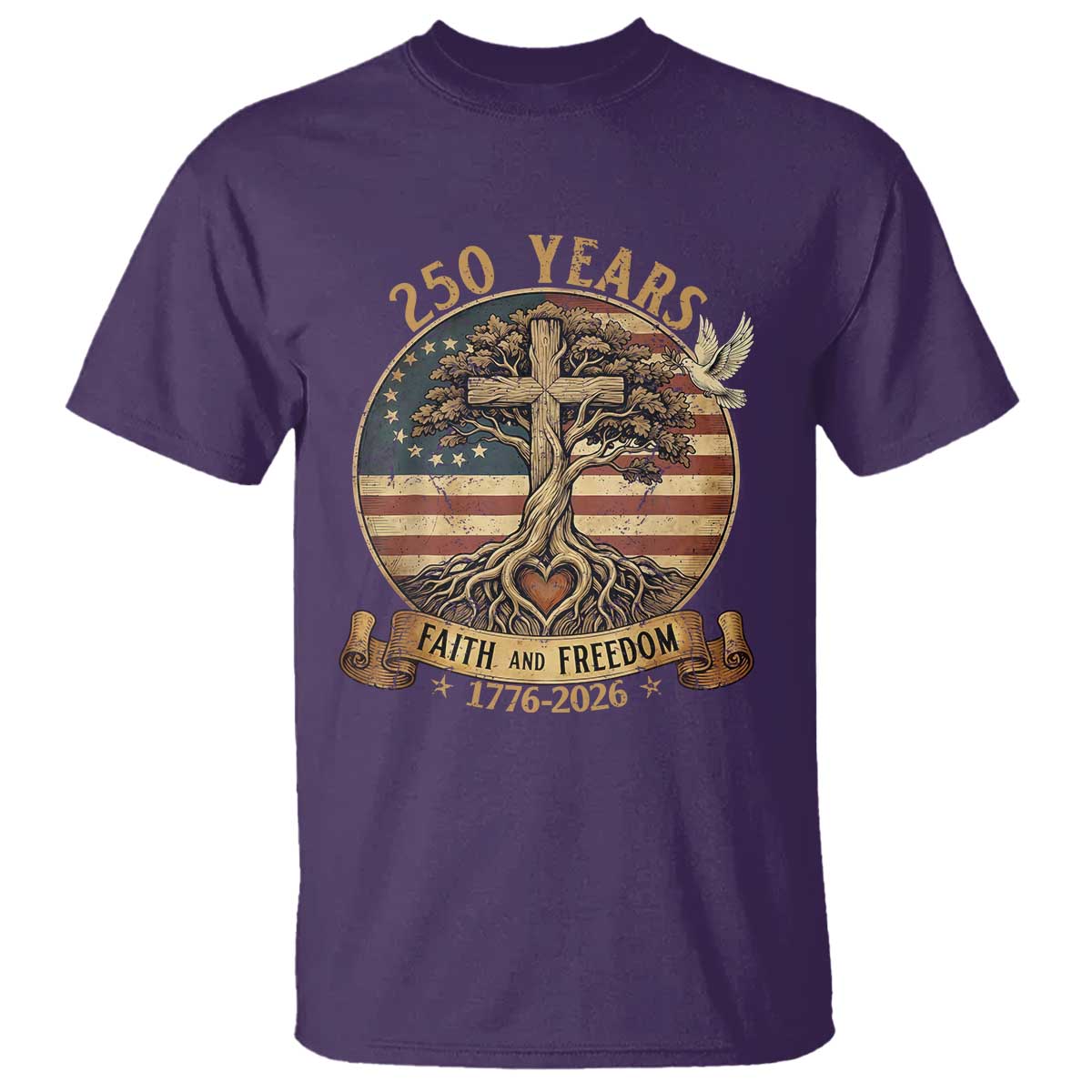 250 Years Faith and Freedom 1776 2026 T Shirt Cross Tree Dove Religious Patriotic Christian TS02 Purple Print Your Wear