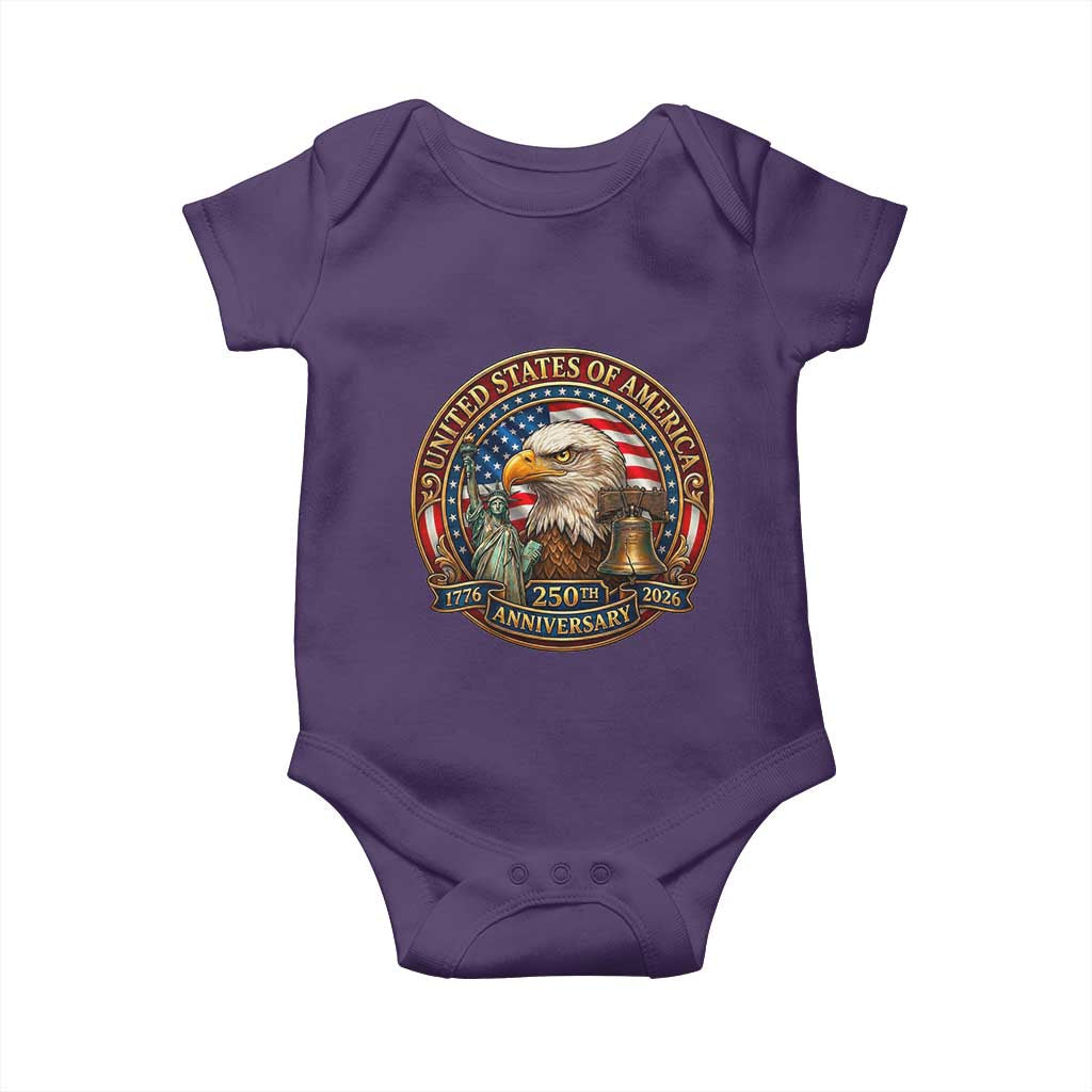 USA 250th Anniversary Emblem 1776 2026 Baby Onesie Patriotic Seal with Bald Eagle Liberty Bell Statue of Liberty TS02 Purple Print Your Wear
