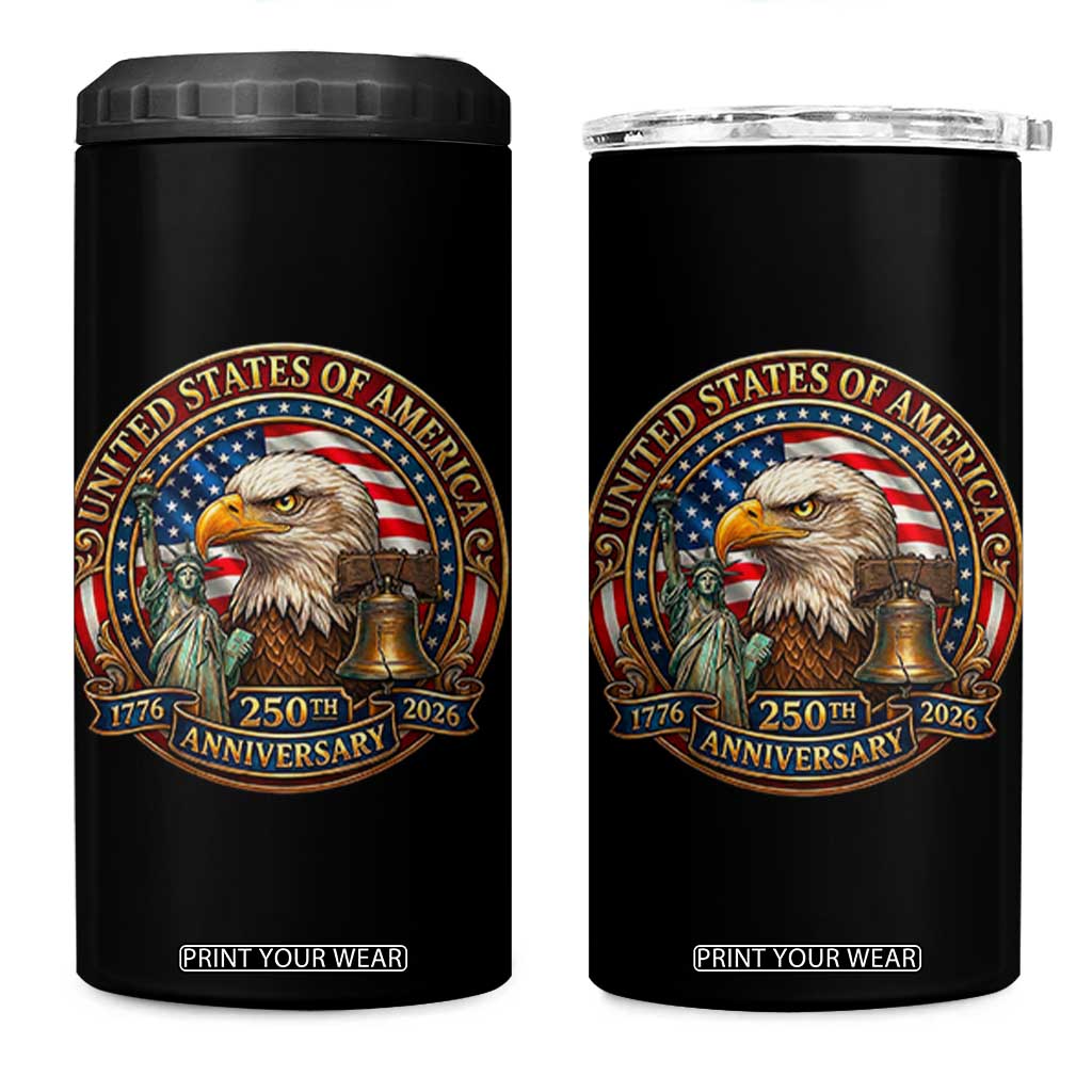 USA 250th Anniversary Emblem 1776 2026 4 in 1 Can Cooler Tumbler Patriotic Seal with Bald Eagle Liberty Bell Statue of Liberty TS02 One Size: 16 oz Black Print Your Wear