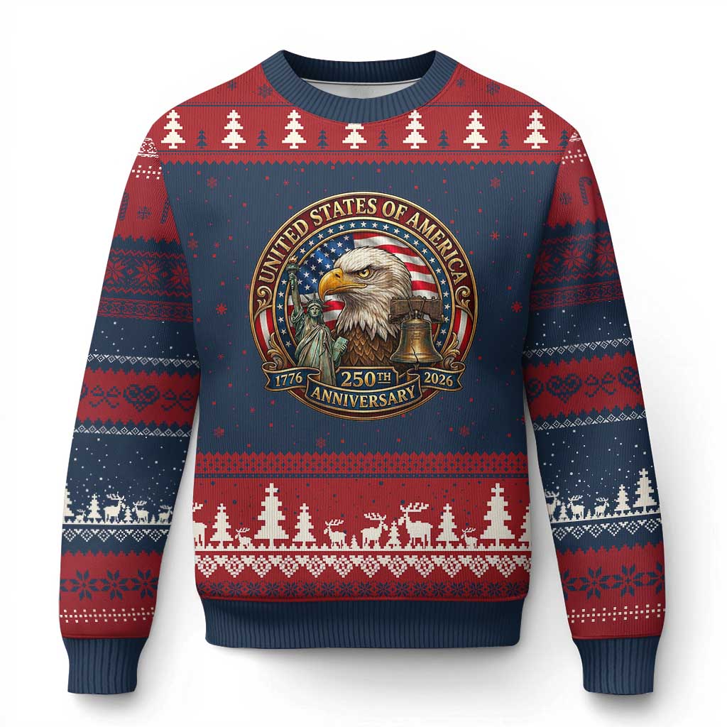 USA 250th Anniversary Emblem 1776 2026 Ugly Christmas Sweater Patriotic Seal with Bald Eagle Liberty Bell Statue of Liberty TS02 Navy Red Print Your Wear