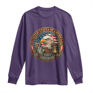 USA 250th Anniversary Emblem 1776 2026 Long Sleeve Shirt Patriotic Seal with Bald Eagle Liberty Bell Statue of Liberty TS02 Purple Print Your Wear
