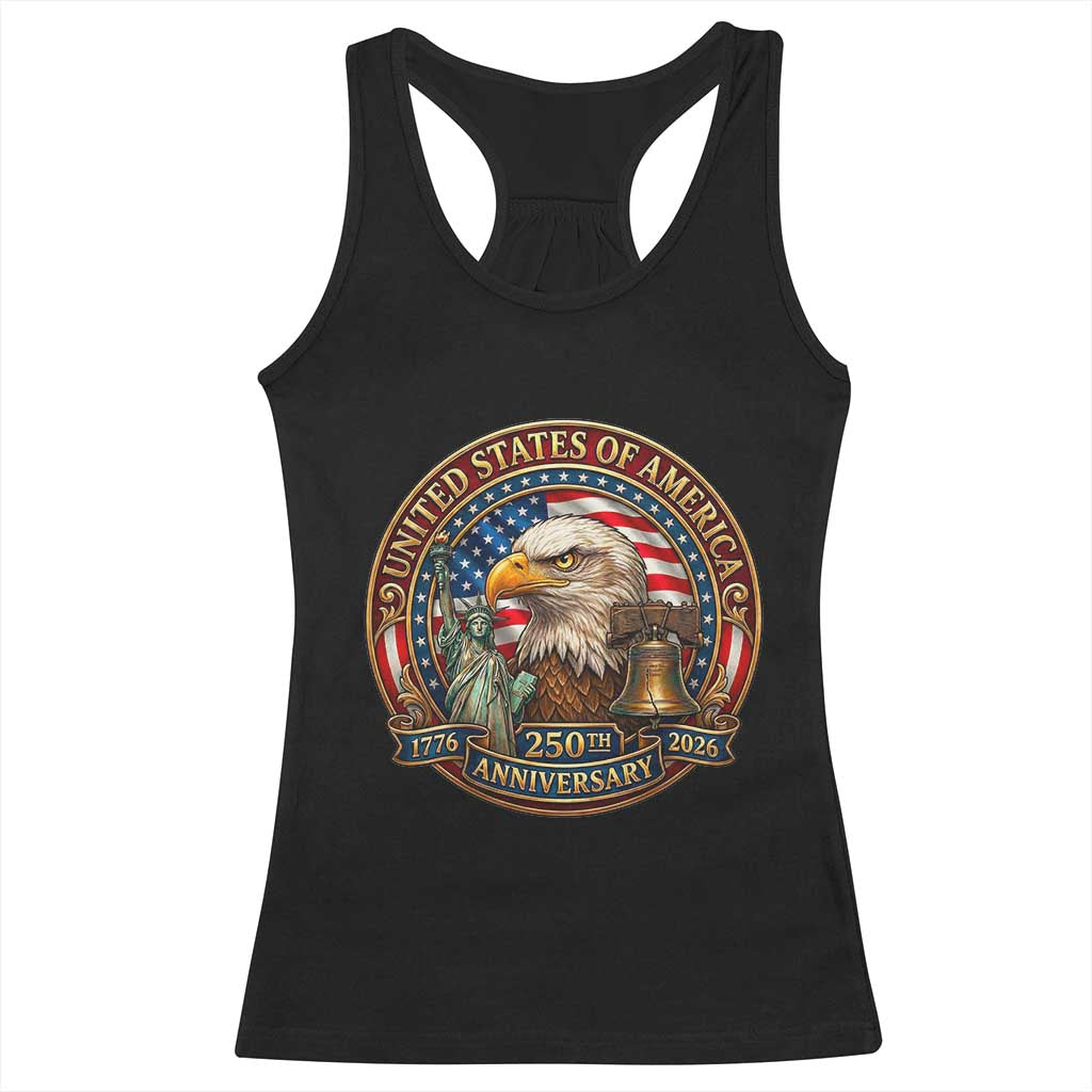 USA 250th Anniversary Emblem 1776 2026 Racerback Tank Top Patriotic Seal with Bald Eagle Liberty Bell Statue of Liberty TS02 Black Print Your Wear