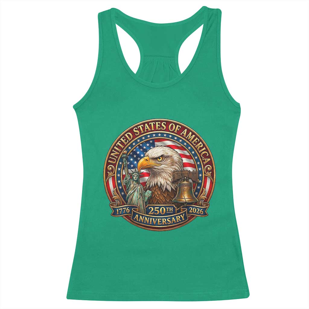 USA 250th Anniversary Emblem 1776 2026 Racerback Tank Top Patriotic Seal with Bald Eagle Liberty Bell Statue of Liberty TS02 Irish Green Print Your Wear