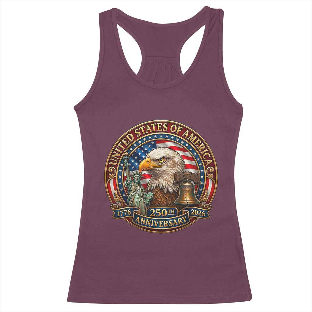 USA 250th Anniversary Emblem 1776 2026 Racerback Tank Top Patriotic Seal with Bald Eagle Liberty Bell Statue of Liberty TS02 Maroon Print Your Wear