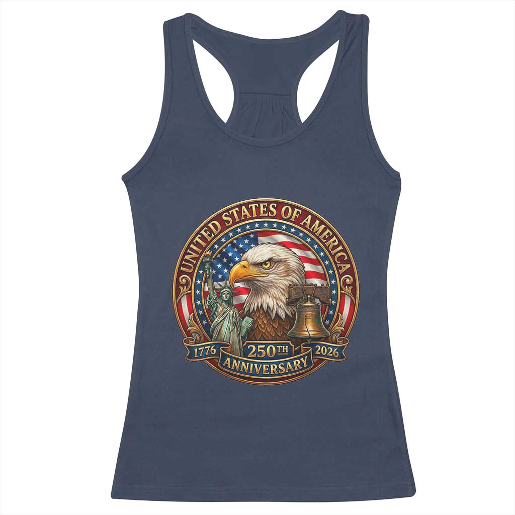 USA 250th Anniversary Emblem 1776 2026 Racerback Tank Top Patriotic Seal with Bald Eagle Liberty Bell Statue of Liberty TS02 Navy Print Your Wear