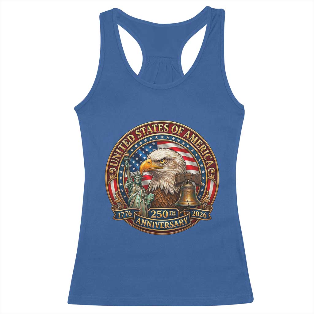 USA 250th Anniversary Emblem 1776 2026 Racerback Tank Top Patriotic Seal with Bald Eagle Liberty Bell Statue of Liberty TS02 Royal Blue Print Your Wear