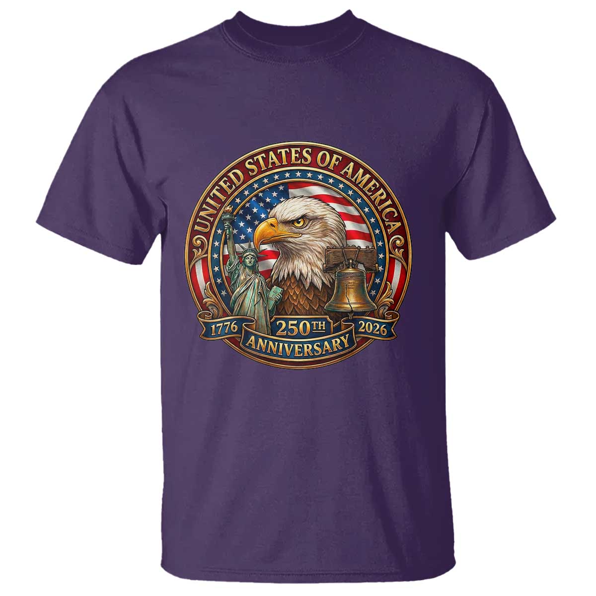 USA 250th Anniversary Emblem 1776 2026 T Shirt Patriotic Seal with Bald Eagle Liberty Bell Statue of Liberty TS02 Purple Print Your Wear
