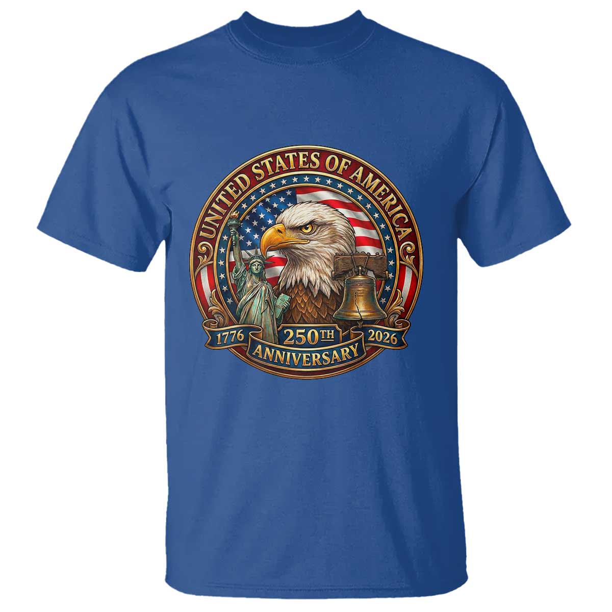 USA 250th Anniversary Emblem 1776 2026 T Shirt Patriotic Seal with Bald Eagle Liberty Bell Statue of Liberty TS02 Royal Blue Print Your Wear