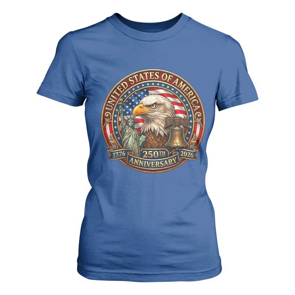 USA 250th Anniversary Emblem 1776 2026 T Shirt For Women Patriotic Seal with Bald Eagle Liberty Bell Statue of Liberty TS02 Royal Blue Print Your Wear
