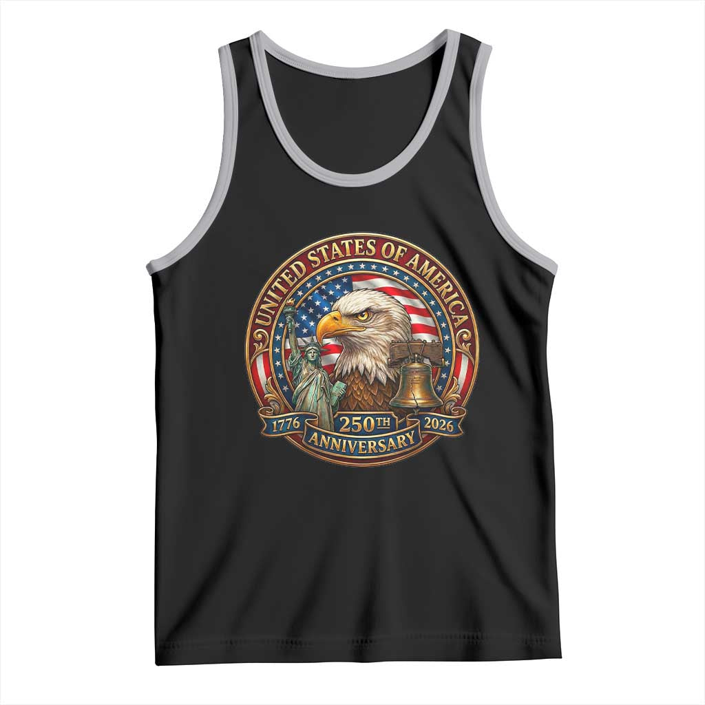 USA 250th Anniversary Emblem 1776 2026 Tank Top Patriotic Seal with Bald Eagle Liberty Bell Statue of Liberty TS02 Black Athletic Heather Print Your Wear