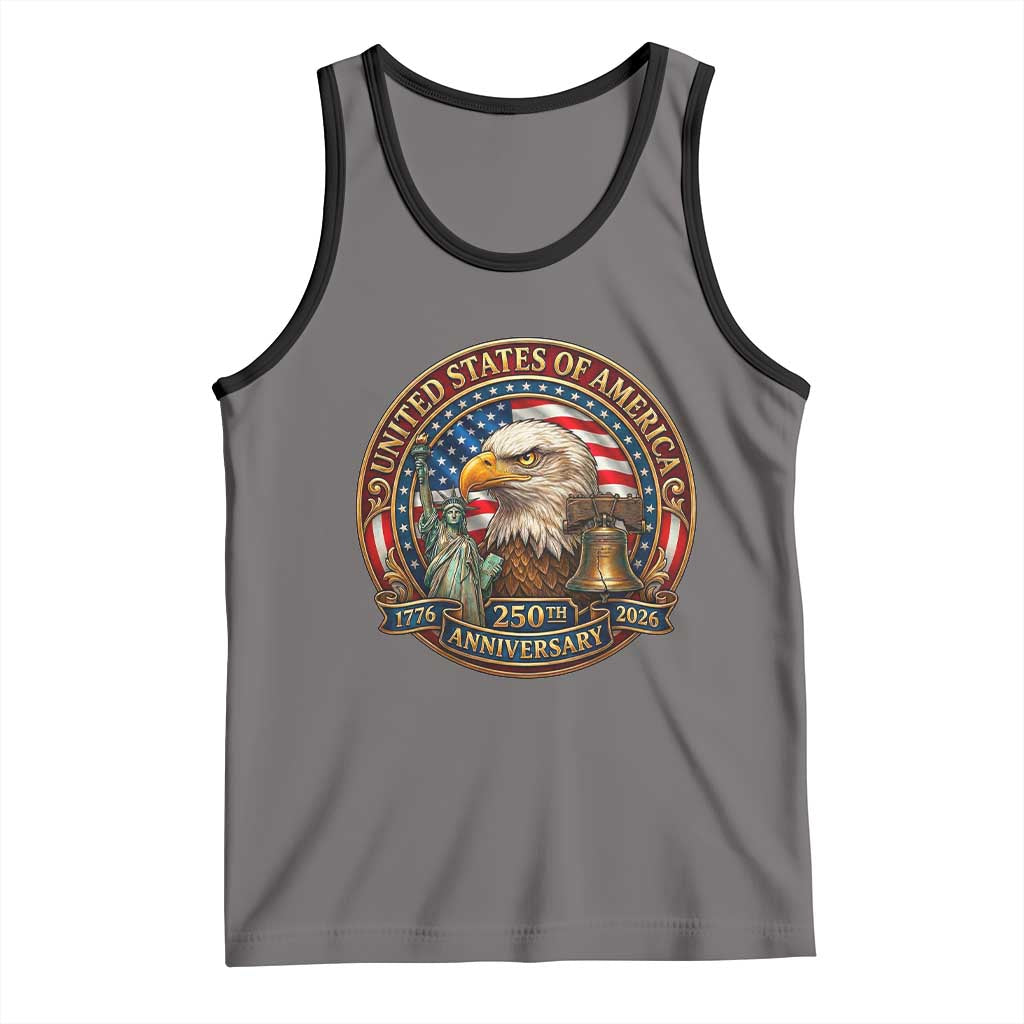 USA 250th Anniversary Emblem 1776 2026 Tank Top Patriotic Seal with Bald Eagle Liberty Bell Statue of Liberty TS02 Deep Heather Black Print Your Wear