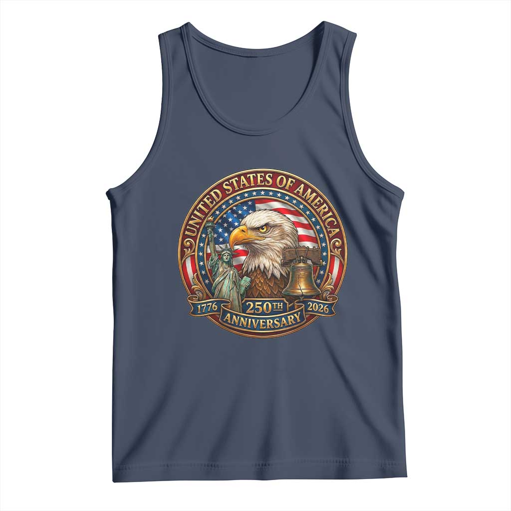 USA 250th Anniversary Emblem 1776 2026 Tank Top Patriotic Seal with Bald Eagle Liberty Bell Statue of Liberty TS02 Navy Print Your Wear