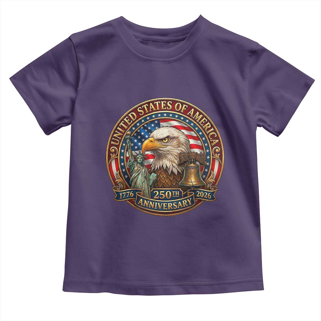 USA 250th Anniversary Emblem 1776 2026 Toddler T Shirt Patriotic Seal with Bald Eagle Liberty Bell Statue of Liberty TS02 Purple Print Your Wear