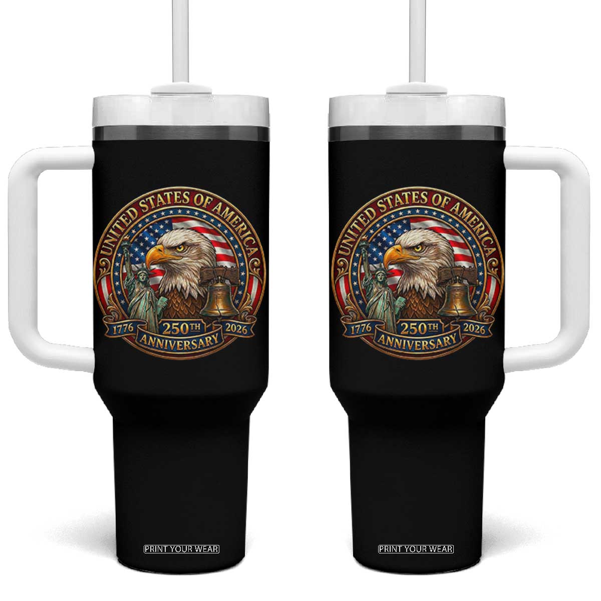 USA 250th Anniversary Emblem 1776 2026 Tumbler With Handle Patriotic Seal with Bald Eagle Liberty Bell Statue of Liberty TS02 One Size: 40 oz Black Print Your Wear