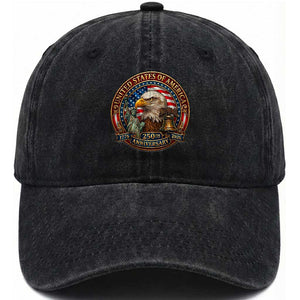 USA 250th Anniversary Emblem 1776 2026 Washed Cotton Baseball Cap Patriotic Seal with Bald Eagle Liberty Bell Statue of Liberty TS02 Washed Cap Universal Fit Black Print Your Wear