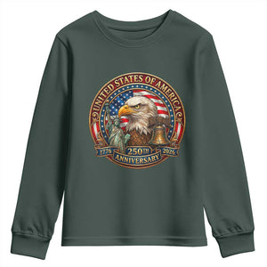 USA 250th Anniversary Emblem 1776 2026 Youth Sweatshirt Patriotic Seal with Bald Eagle Liberty Bell Statue of Liberty TS02 Dark Forest Green Print Your Wear