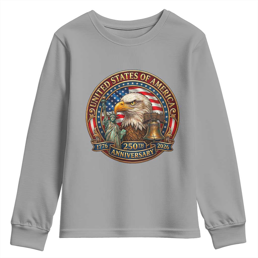 USA 250th Anniversary Emblem 1776 2026 Youth Sweatshirt Patriotic Seal with Bald Eagle Liberty Bell Statue of Liberty TS02 Sport Gray Print Your Wear