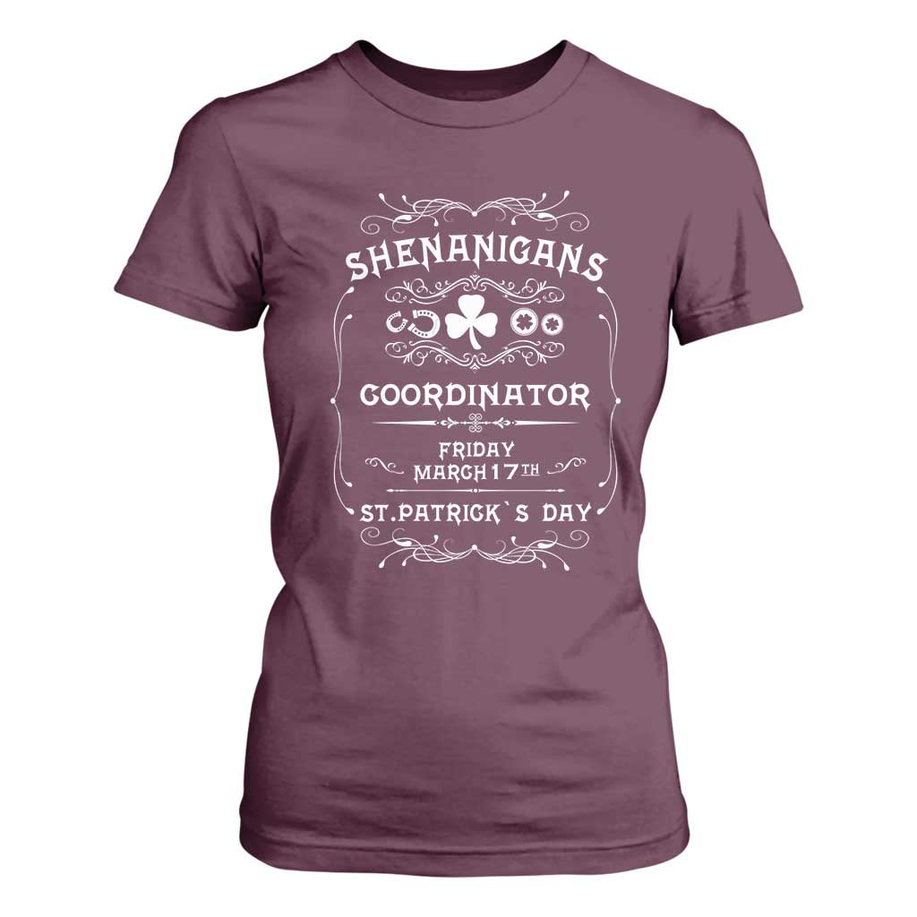 Funny St Patricks Day T Shirt For Women Shenanigans Coordinator TS02 Maroon Print Your Wear