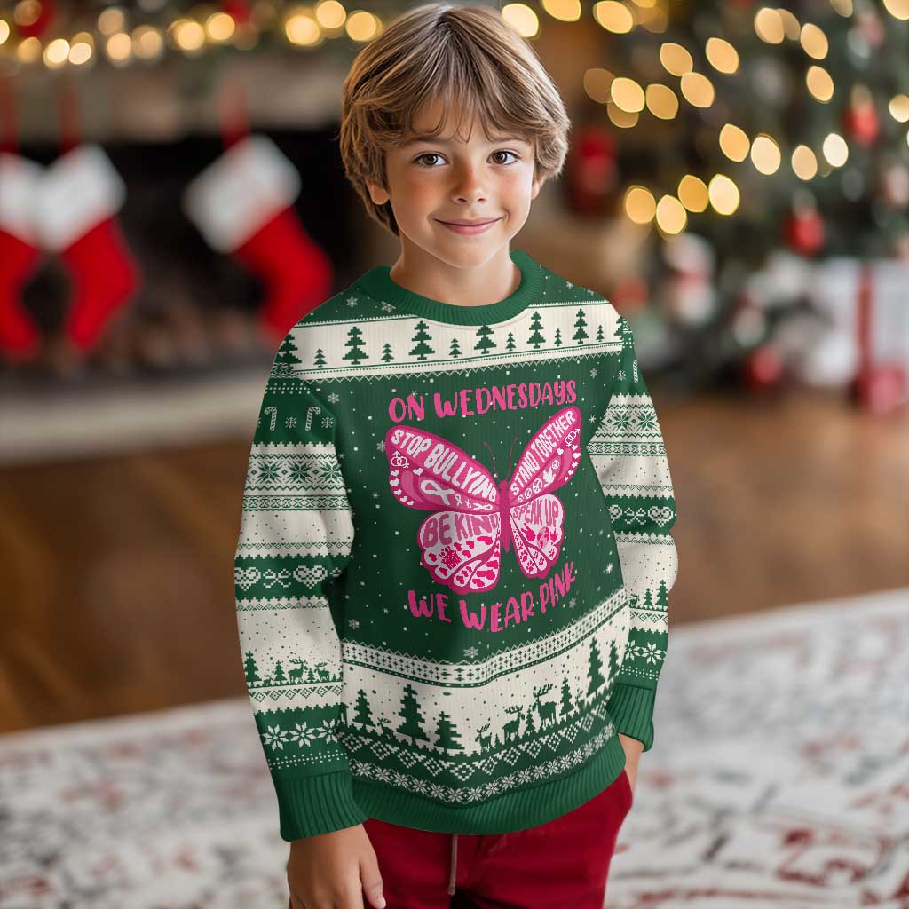Pink Shirt Day Ugly Christmas Sweater On Wednesdays We Wear Pink Anti Bullying Butterfly TS02 Forest Green Beige Print Your Wear
