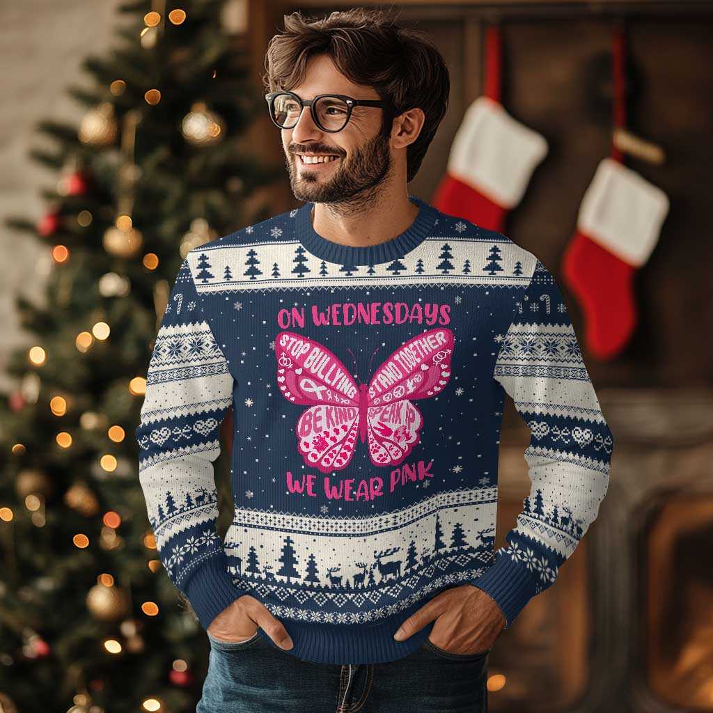 Pink Shirt Day Ugly Christmas Sweater On Wednesdays We Wear Pink Anti Bullying Butterfly TS02 Navy Beige Print Your Wear