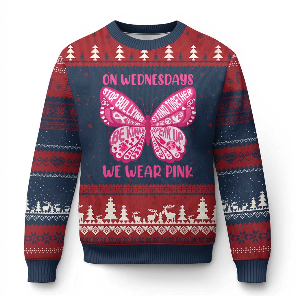 Pink Shirt Day Ugly Christmas Sweater On Wednesdays We Wear Pink Anti Bullying Butterfly TS02 Navy Red Print Your Wear