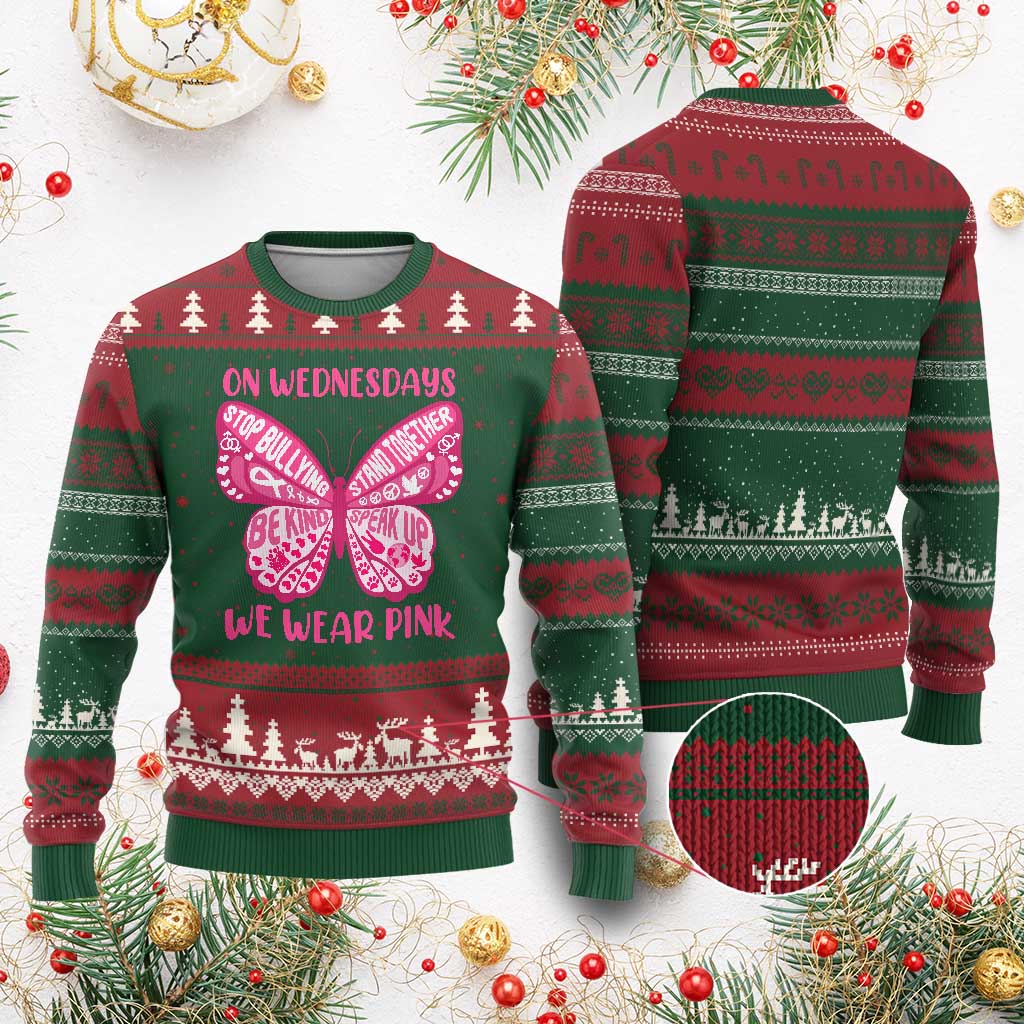Pink Shirt Day Ugly Christmas Sweater On Wednesdays We Wear Pink Anti Bullying Butterfly TS02 Red Green Print Your Wear