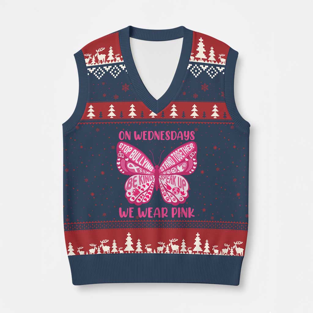 Pink Shirt Day V-Neck Knit Sweater Vest On Wednesdays We Wear Pink Anti Bullying Butterfly TS02 Navy Red Print Your Wear