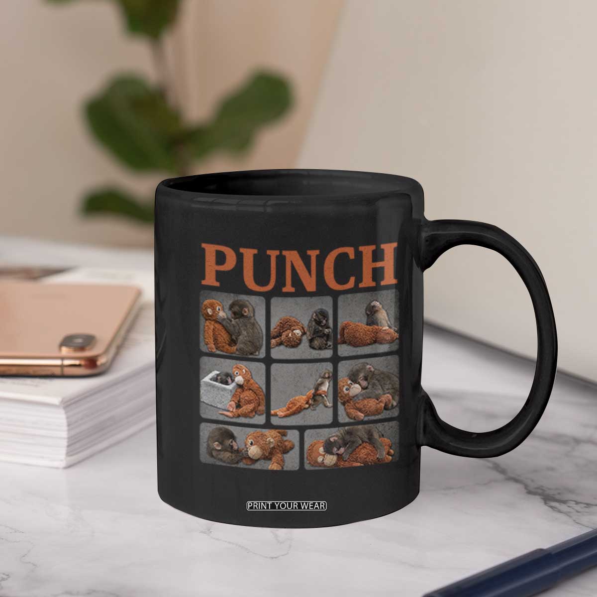 Cute Baby Monkey Punch with Plush Toy Graphic Coffee Mug TS02 Print Your Wear