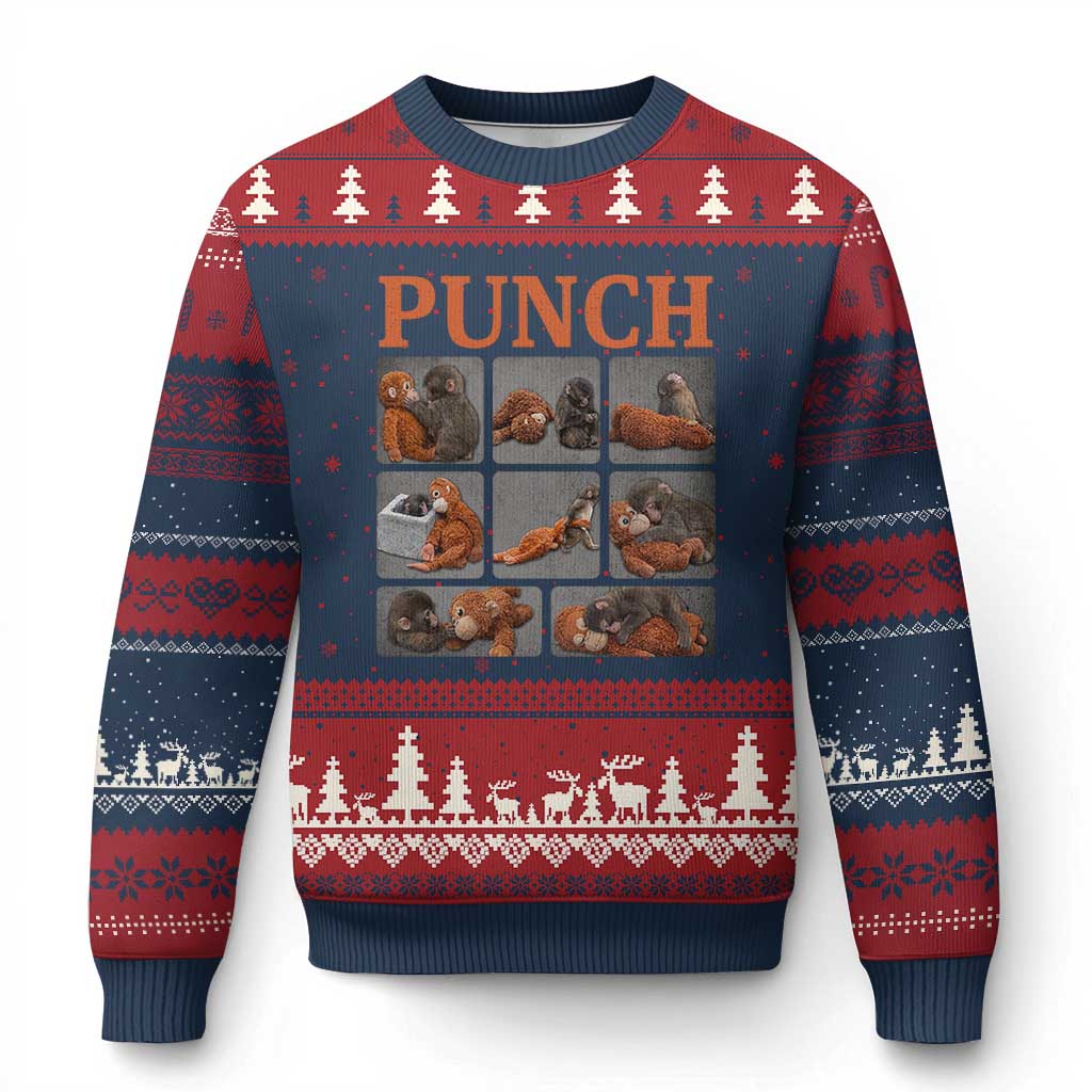 Cute Baby Monkey Punch with Plush Toy Graphic Ugly Christmas Sweater TS02 Navy Red Print Your Wear