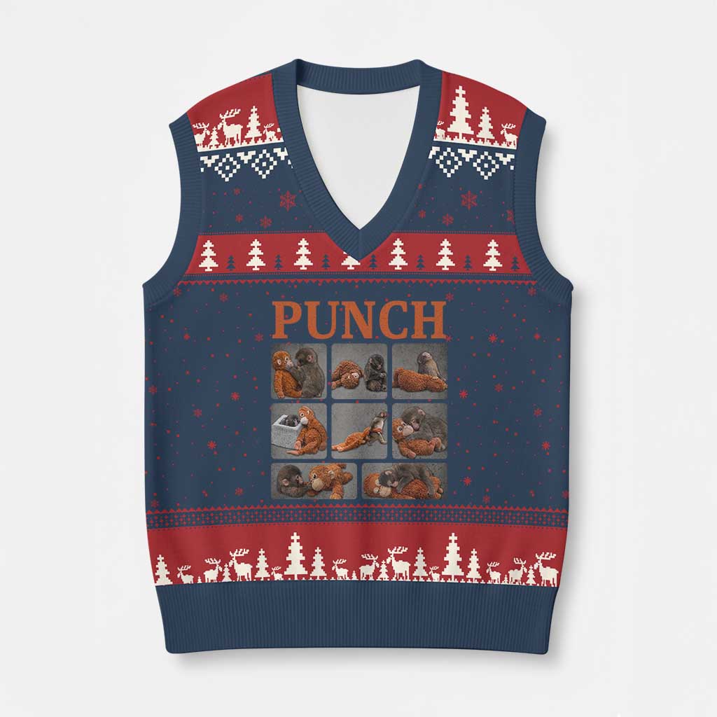 Cute Baby Monkey Punch with Plush Toy Graphic V-Neck Knit Sweater Vest TS02 Navy Red Print Your Wear